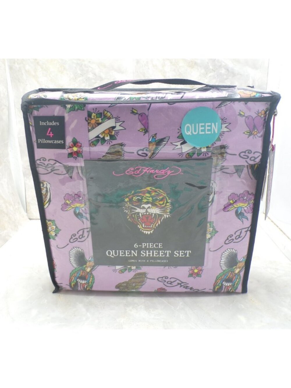 Ed Hardy Queen Sheet Set 6pc Tattoo Foo Dog Floral Purple Bedding Y2K Art New